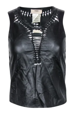 Fuzzi - Black Smooth Leather Twisted Braided Trim Tank Sz XS