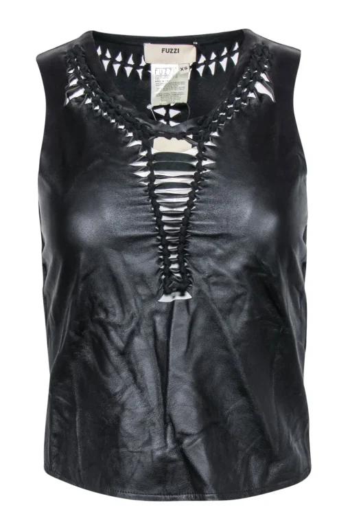 Fuzzi - Black Smooth Leather Twisted Braided Trim Tank Sz XS
