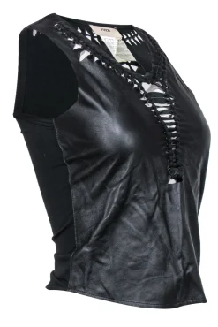 Fuzzi - Black Smooth Leather Twisted Braided Trim Tank Sz XS