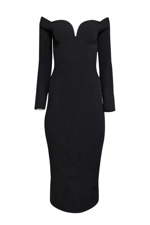 Galvan London - Black Ribbed Knit Off-the-Shoulder Sweetheart Dress Sz XS