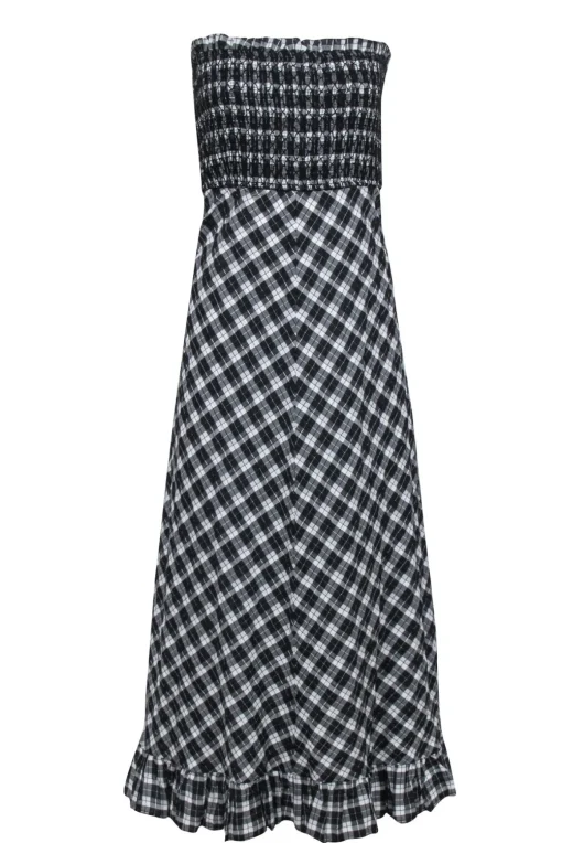 Ganni - Black & White Plaid Mock Strapless Maxi Dress Sz 8