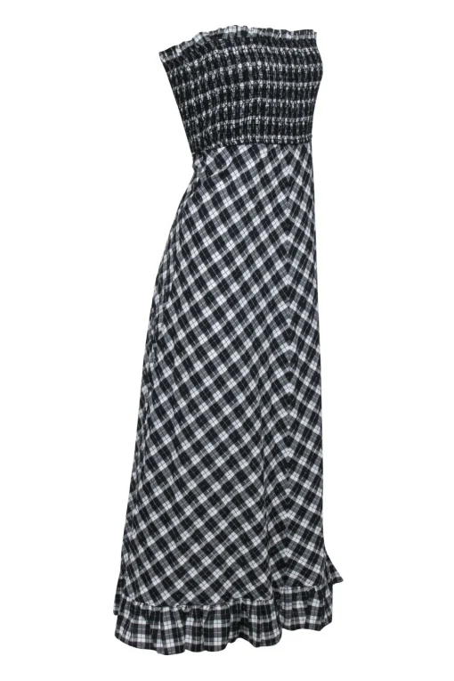 Ganni - Black & White Plaid Mock Strapless Maxi Dress Sz 8