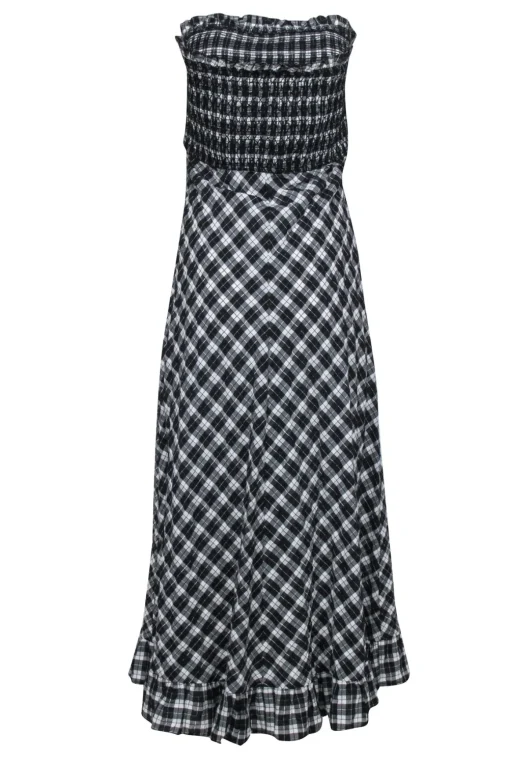 Ganni - Black & White Plaid Mock Strapless Maxi Dress Sz 8