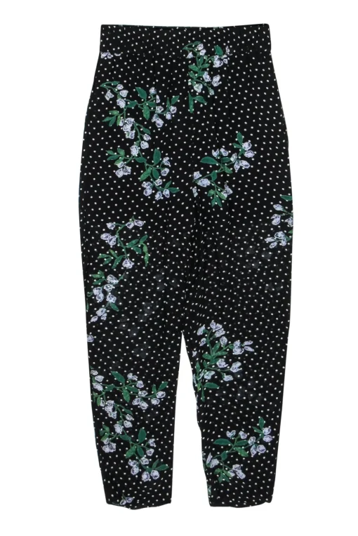 Ganni - Black Floral Print & Polka Dot Skinny “Rometty Georgette” Pants Sz 2