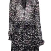 Ganni - Black Multicolor Floral Print w/ Neck Tie Long Sleeve Dress Sz 2