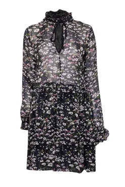 Ganni - Black Multicolor Floral Print w/ Neck Tie Long Sleeve Dress Sz 2