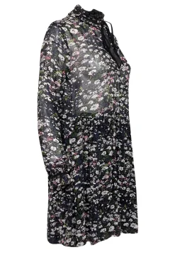 Ganni - Black Multicolor Floral Print w/ Neck Tie Long Sleeve Dress Sz 2