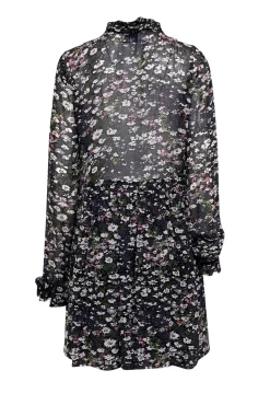 Ganni - Black Multicolor Floral Print w/ Neck Tie Long Sleeve Dress Sz 2
