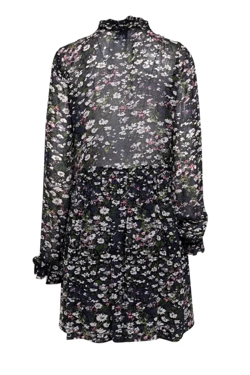 Ganni - Black Multicolor Floral Print w/ Neck Tie Long Sleeve Dress Sz 2