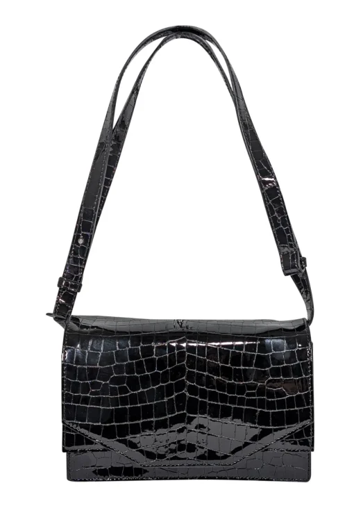 Ganni - Black Patent Leather Croc Embossed Shoulder Bag