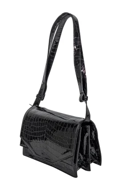 Ganni - Black Patent Leather Croc Embossed Shoulder Bag