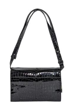Ganni - Black Patent Leather Croc Embossed Shoulder Bag
