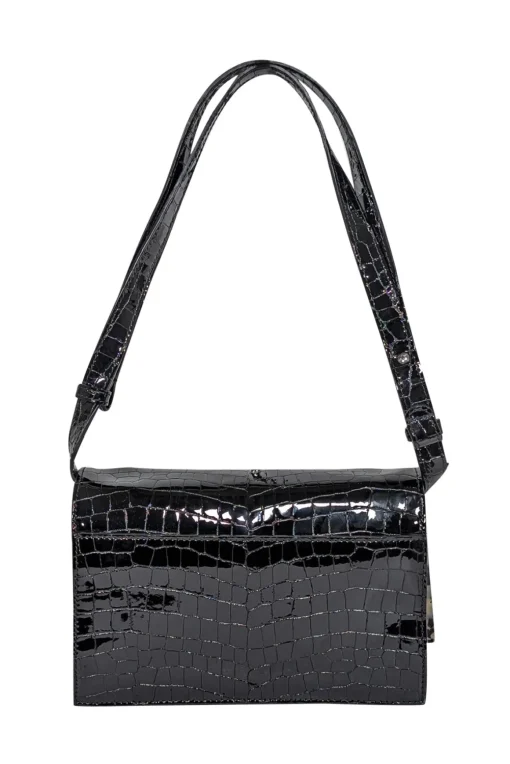 Ganni - Black Patent Leather Croc Embossed Shoulder Bag