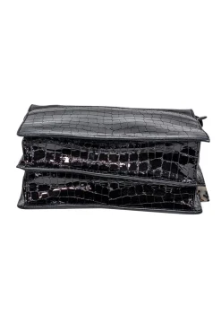 Ganni - Black Patent Leather Croc Embossed Shoulder Bag