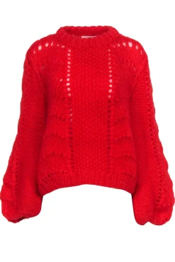 Ganni - Bright Red Fuzzy Textured Balloon Sleeve Sweater Sz L