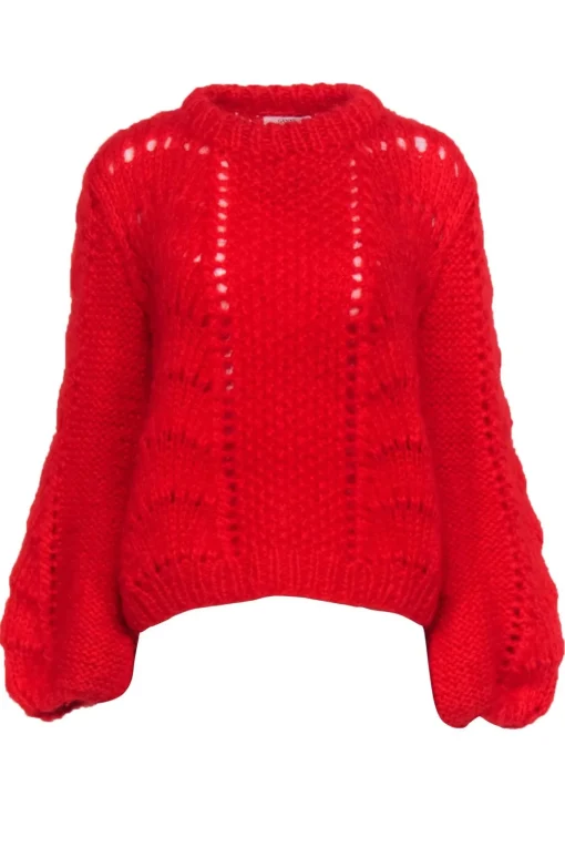 Ganni - Bright Red Fuzzy Textured Balloon Sleeve Sweater Sz L