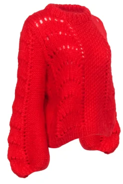 Ganni - Bright Red Fuzzy Textured Balloon Sleeve Sweater Sz L