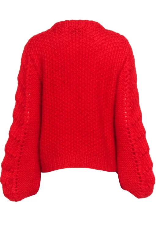 Ganni - Bright Red Fuzzy Textured Balloon Sleeve Sweater Sz L