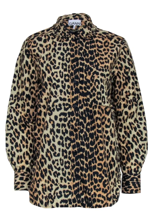 Ganni - Brown & Black Leopard Print Button Front Shirt Sz 6