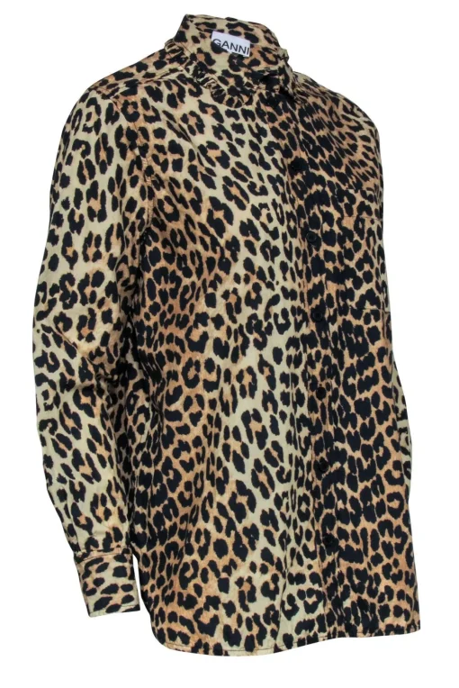 Ganni - Brown & Black Leopard Print Button Front Shirt Sz 6