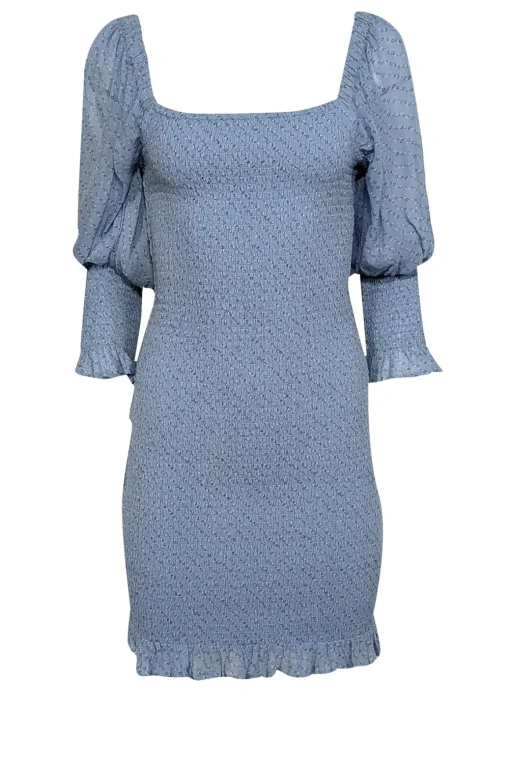 Ganni - Light Blue Floral Print Smocked Puff Sleeve Dress Sz 2