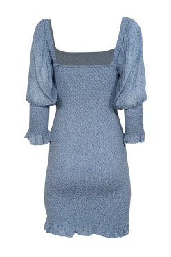 Ganni - Light Blue Floral Print Smocked Puff Sleeve Dress Sz 2