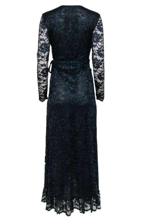 Ganni - Navy & Black Floral Lace Ruffled Wrap Maxi Dress Sz 4