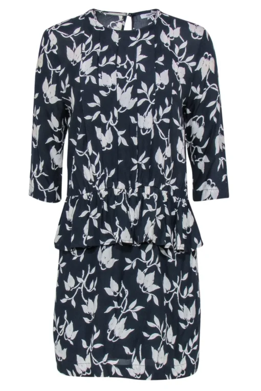 Ganni - Navy & White Floral Print Long Sleeve Peplum Dress Sz M