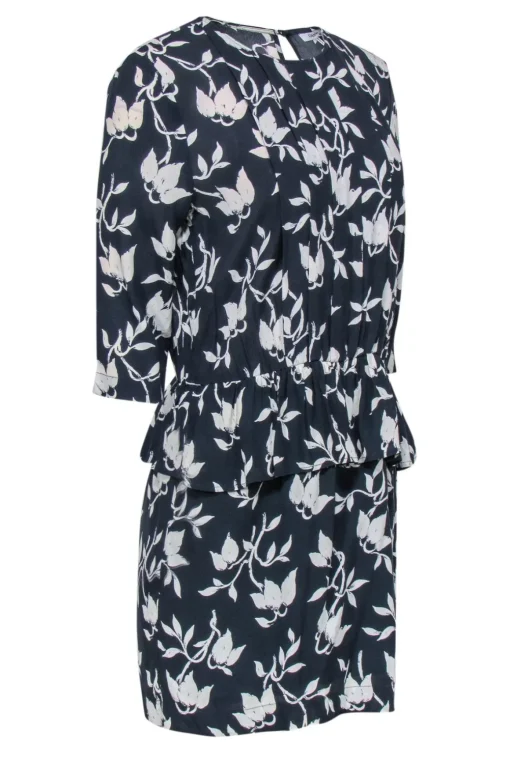 Ganni - Navy & White Floral Print Long Sleeve Peplum Dress Sz M