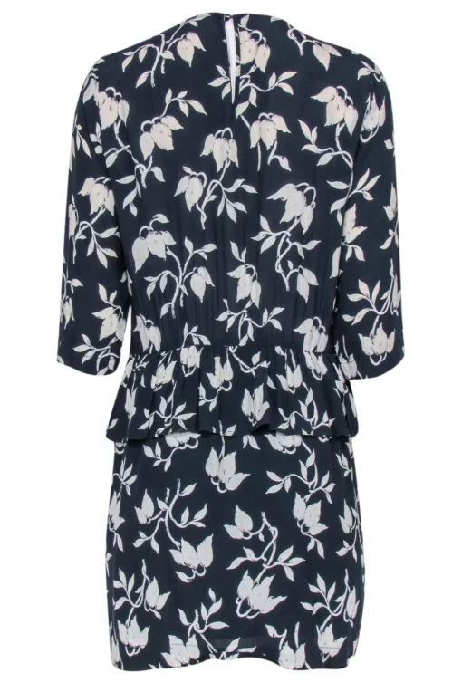 Ganni - Navy & White Floral Print Long Sleeve Peplum Dress Sz M