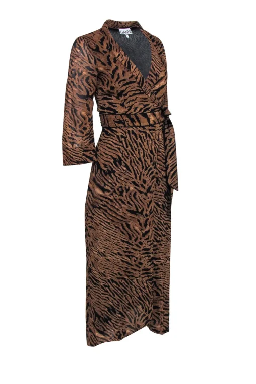 Ganni - Tan & Black Tiger Print Wrap Dress Sz S