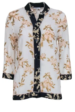 Ganni - White & Tan Floral Kimono Inspired Button Front Blouse Sz 2