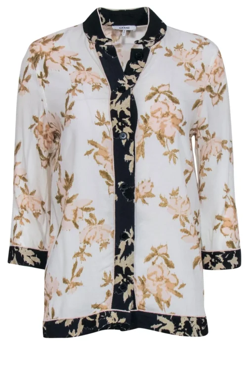 Ganni - White & Tan Floral Kimono Inspired Button Front Blouse Sz 2