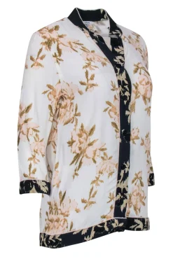 Ganni - White & Tan Floral Kimono Inspired Button Front Blouse Sz 2