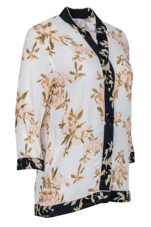 Ganni - White & Tan Floral Kimono Inspired Button Front Blouse Sz 2