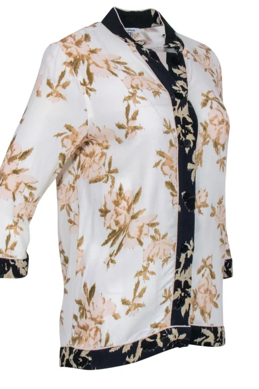 Ganni - White & Tan Floral Kimono Inspired Button Front Blouse Sz 2