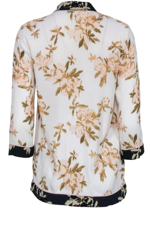 Ganni - White & Tan Floral Kimono Inspired Button Front Blouse Sz 2