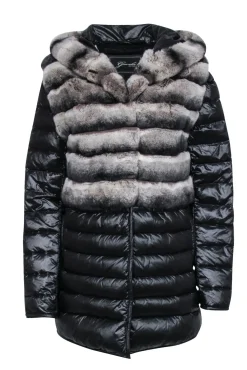 Garshi - Black Puffer Coat w/ Detachable Hood & Rabbit Fur Trim Sz XS