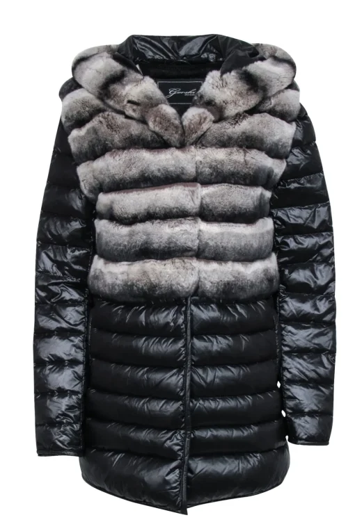 Garshi - Black Puffer Coat w/ Detachable Hood & Rabbit Fur Trim Sz XS