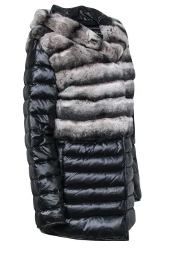 Garshi - Black Puffer Coat w/ Detachable Hood & Rabbit Fur Trim Sz XS