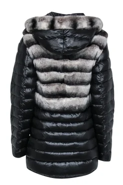 Garshi - Black Puffer Coat w/ Detachable Hood & Rabbit Fur Trim Sz XS