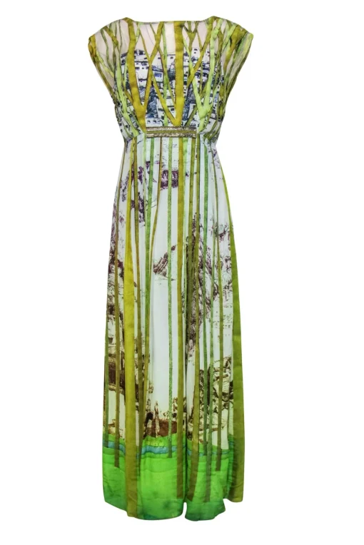 Geisha Designs - Green & Ivory Forest Printed Illusion Gown w/ Beading Sz M