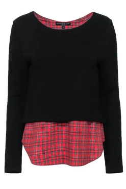 Generation Love - Black Waffle Knit Sweater w/ Red Plaid Shirt Underlay Sz S