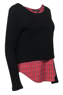 Generation Love - Black Waffle Knit Sweater w/ Red Plaid Shirt Underlay Sz S
