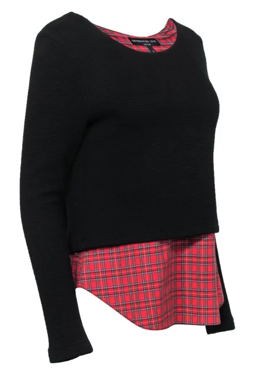Generation Love - Black Waffle Knit Sweater w/ Red Plaid Shirt Underlay Sz S