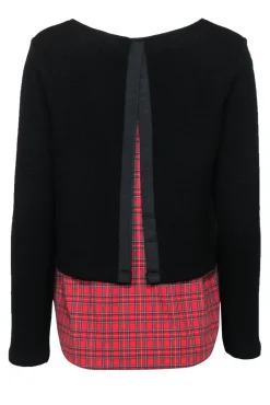 Generation Love - Black Waffle Knit Sweater w/ Red Plaid Shirt Underlay Sz S
