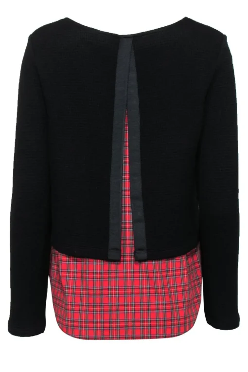 Generation Love - Black Waffle Knit Sweater w/ Red Plaid Shirt Underlay Sz S