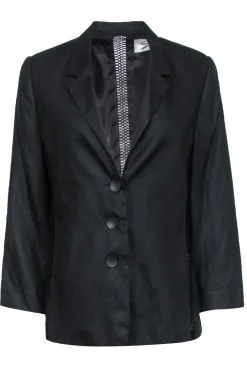 Genny - Black Flax Woven Three Button Blazer w/ Crochet Trim Sz 12