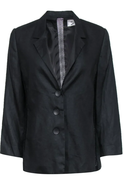 Genny - Black Flax Woven Three Button Blazer w/ Crochet Trim Sz 12