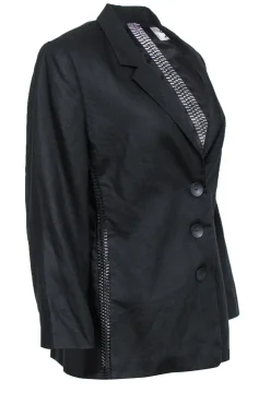 Genny - Black Flax Woven Three Button Blazer w/ Crochet Trim Sz 12